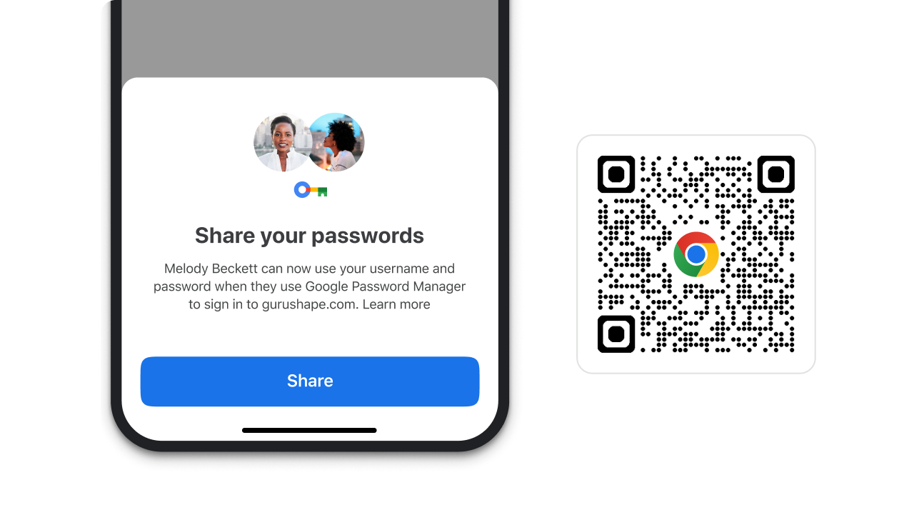 A module in Chrome that allows you to share passwords. Next to the module, is a QR code that can be used to download Chrome.