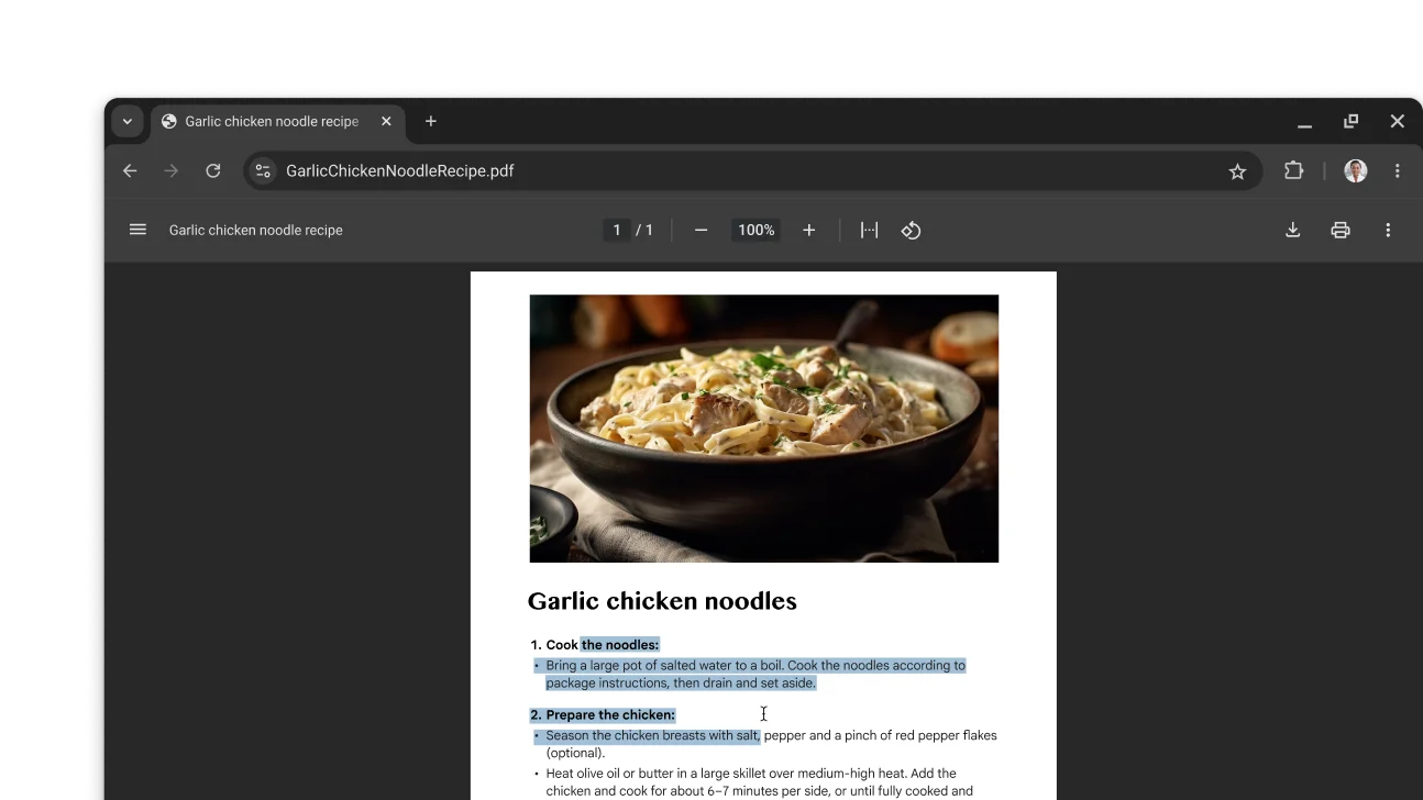 A PDF featuring a recipe is open in a Chrome browser window. The user has selected text within the PDF.