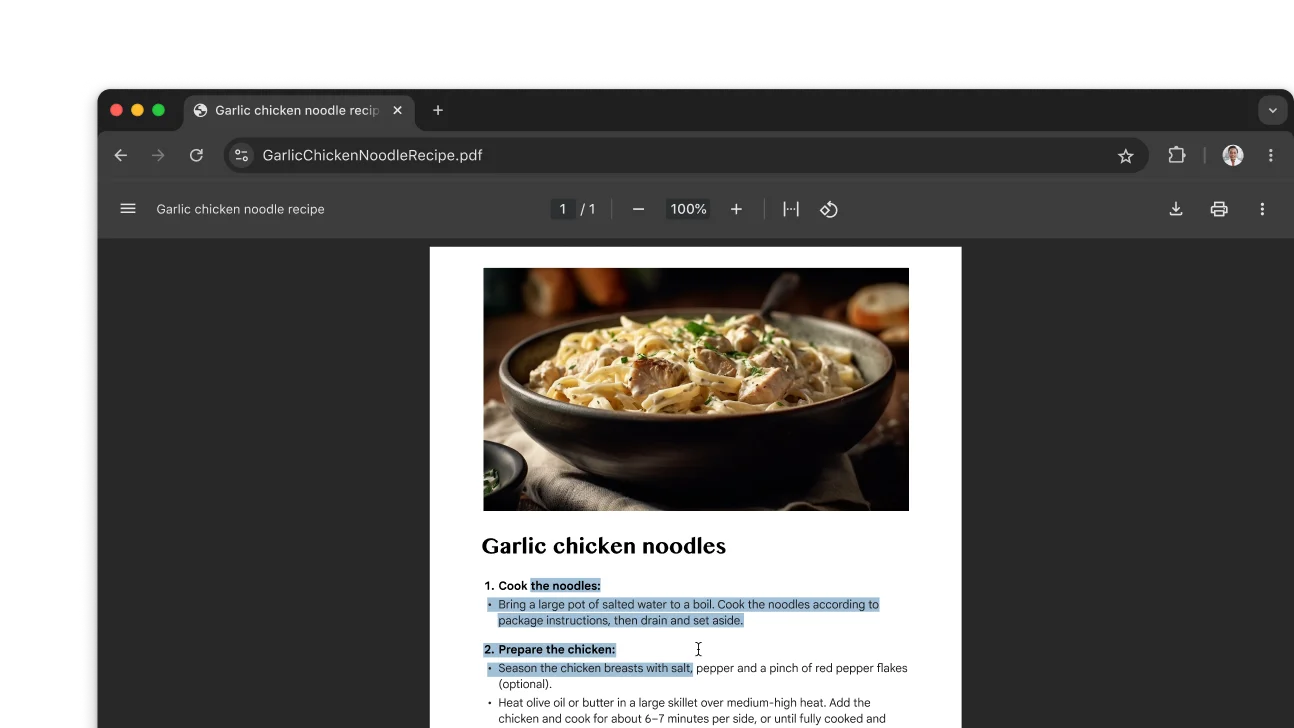A PDF featuring a recipe is open in a Chrome browser window. The user has selected text within the PDF.