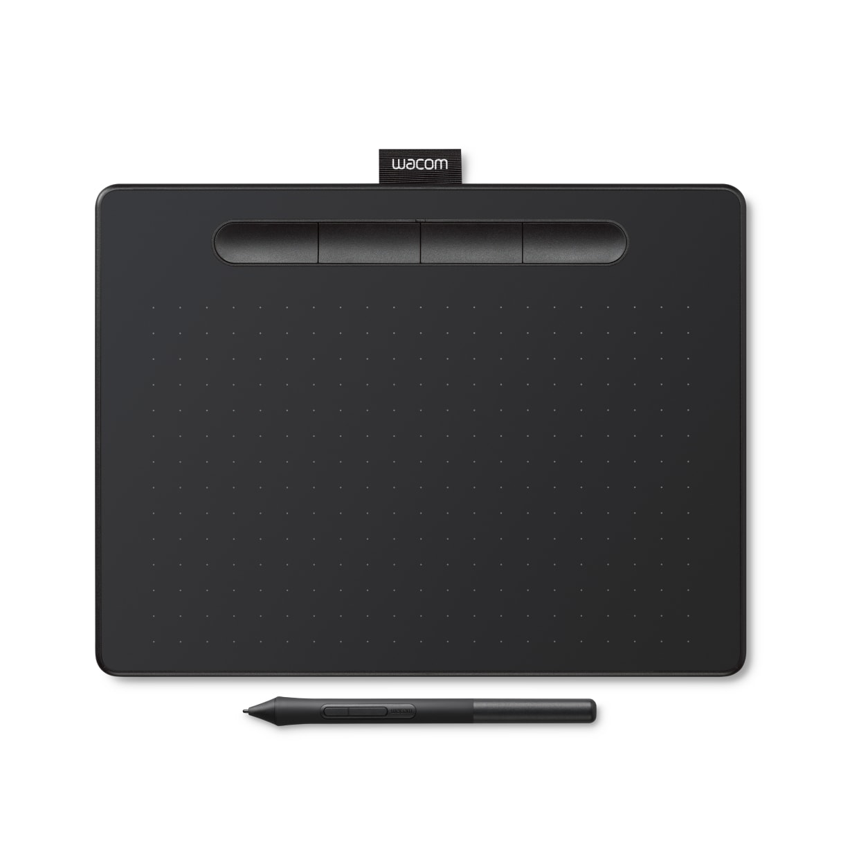 A black Wacom tablet and stylus are displayed