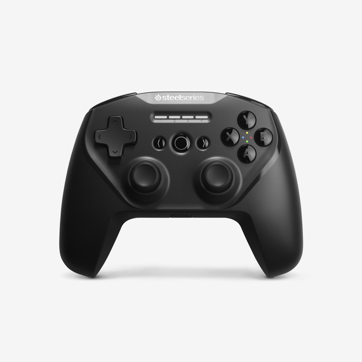A black steelseries game controller is displayed